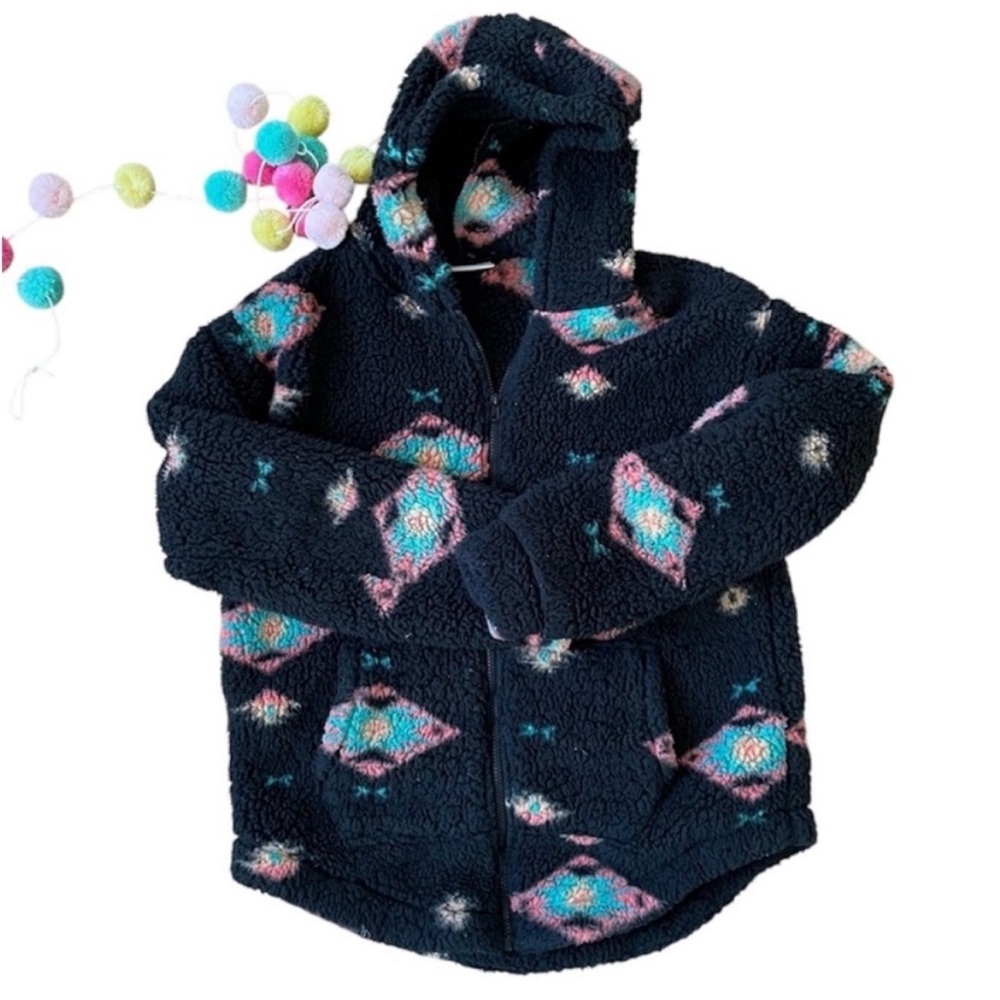 Aztec Sherpa‎ Womens M Fleece Zip Up Hooded Teddy Jacket Cottagecore Bohemian